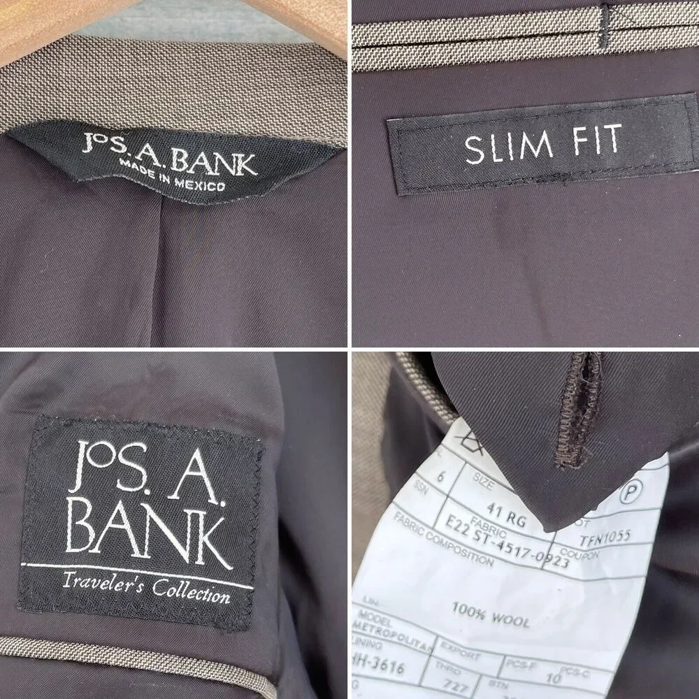 Jos A Bank Travelers Wool Metropolitan Suit Taupe Brown Slim Fit Mens 41R 36x30